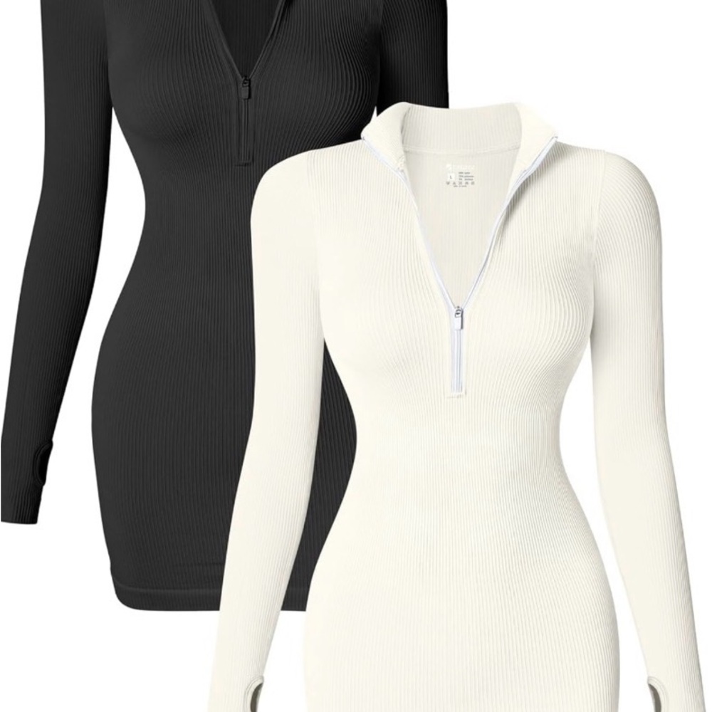 Set of 2: Sex Ribbed Zip Front Long Sleeve Top Mini Dresses.
